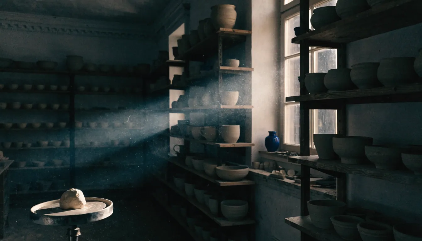 L'atelier de Camille en Normandie, le tour au centre et la lumière du jour sur les étagères de pièces