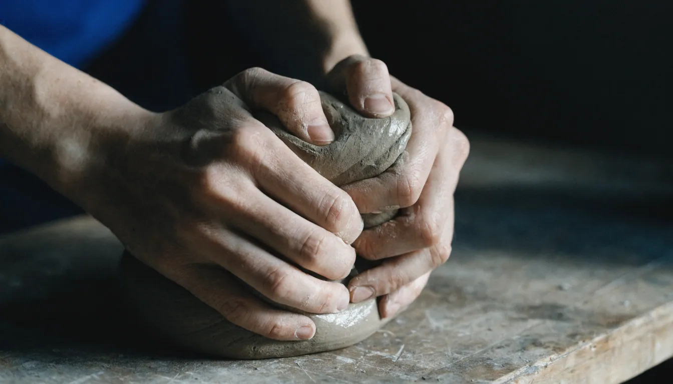 Le grès pétri à la main sur le plan de travail, avant d'être tourné