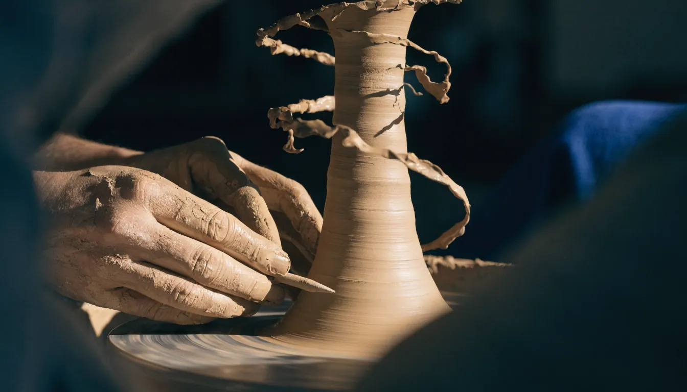 Les mains de la potière façonnant une pièce sur commande au tour