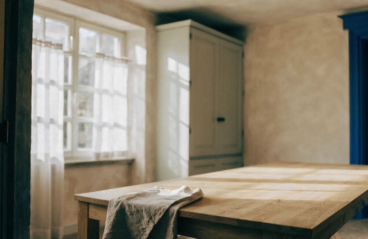 Tasses et bols en grès rangés sur une étagère de cuisine, lumière du matin