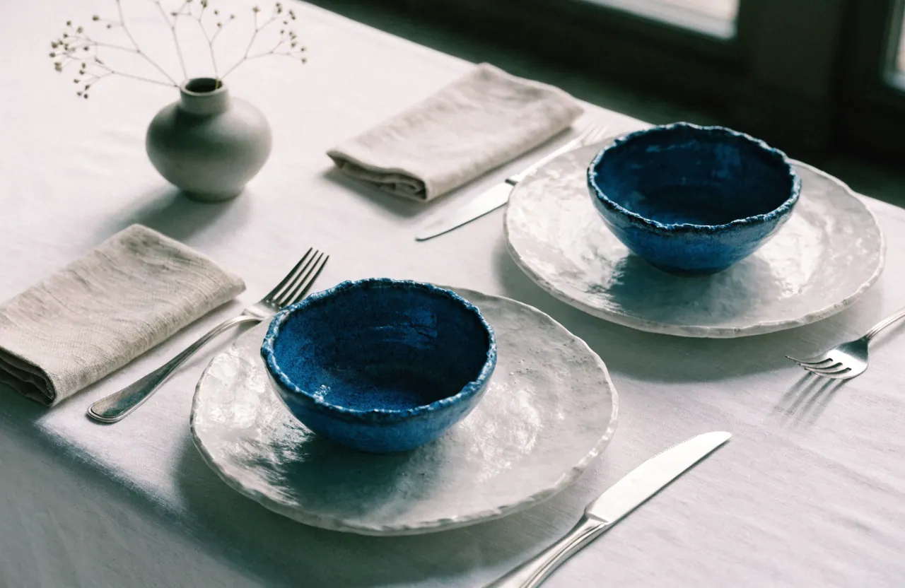Bols et assiettes en grès dressés sur une grande table en bois clair