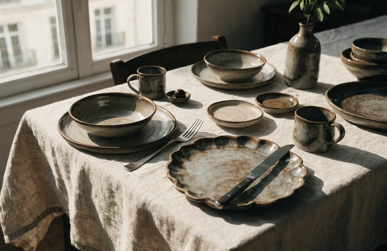 Une table dressée de bols, d'assiettes et de tasses en grès, prête pour le repas