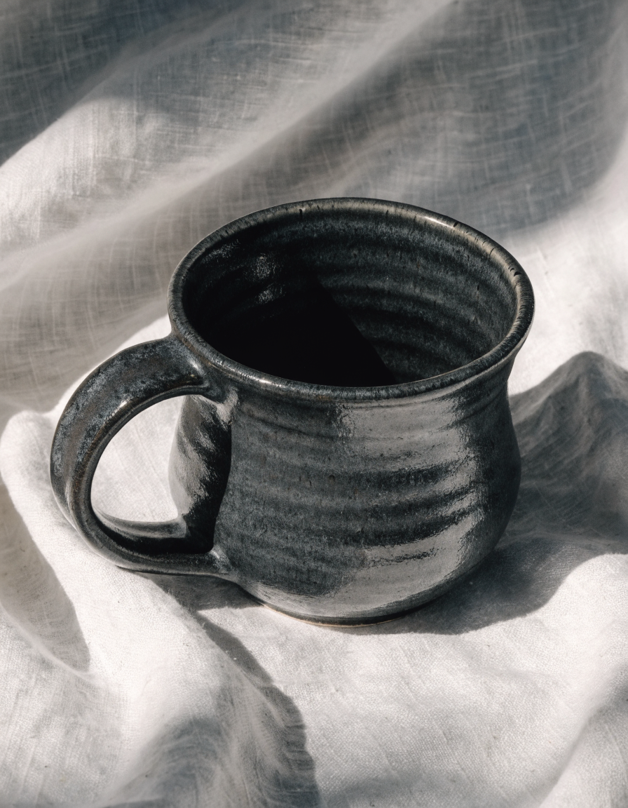 Tasse en grès sous un émail noir profond et tacheté