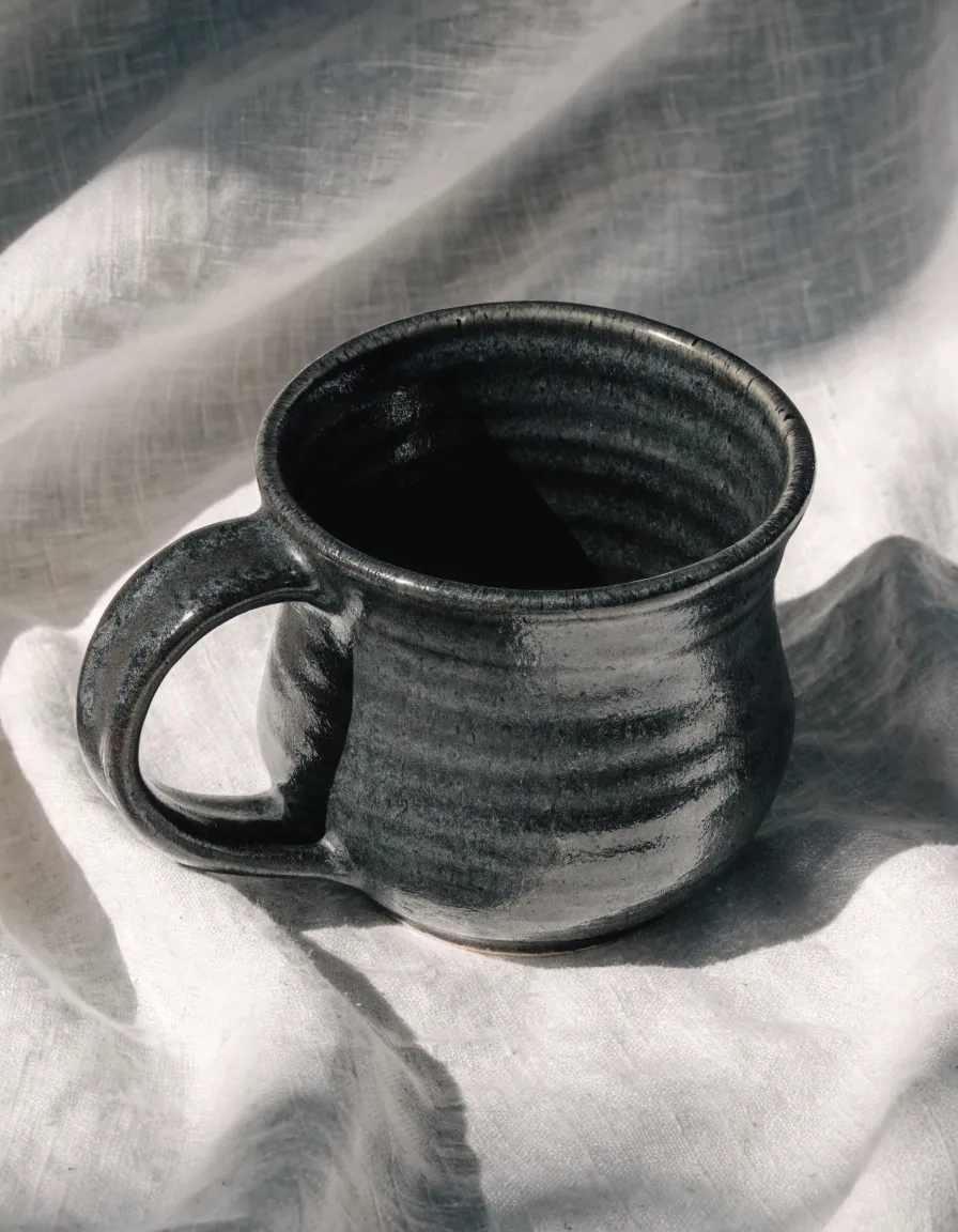 Tasse en grès sous un émail noir profond et tacheté